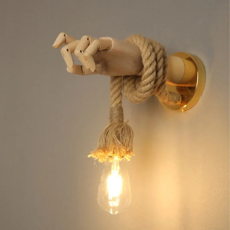 Vintage Decorative Robotic Wall Lamp with Wooden Hemp Rope E27 Lamp Head Suitable for Living Room, Bedroom, Aisle Wall Lamps - Clikcy