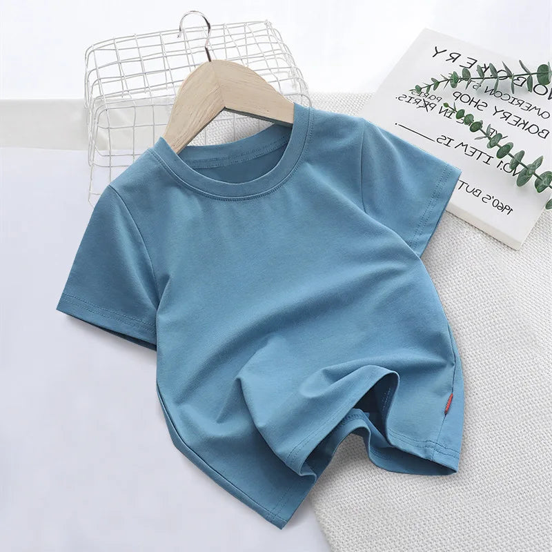 Summer Solid Color Children Cotton T-shirt for Boys Girls White Tops Tees Kids Clothes 2-10Y Student Casual Tee - Clikcy