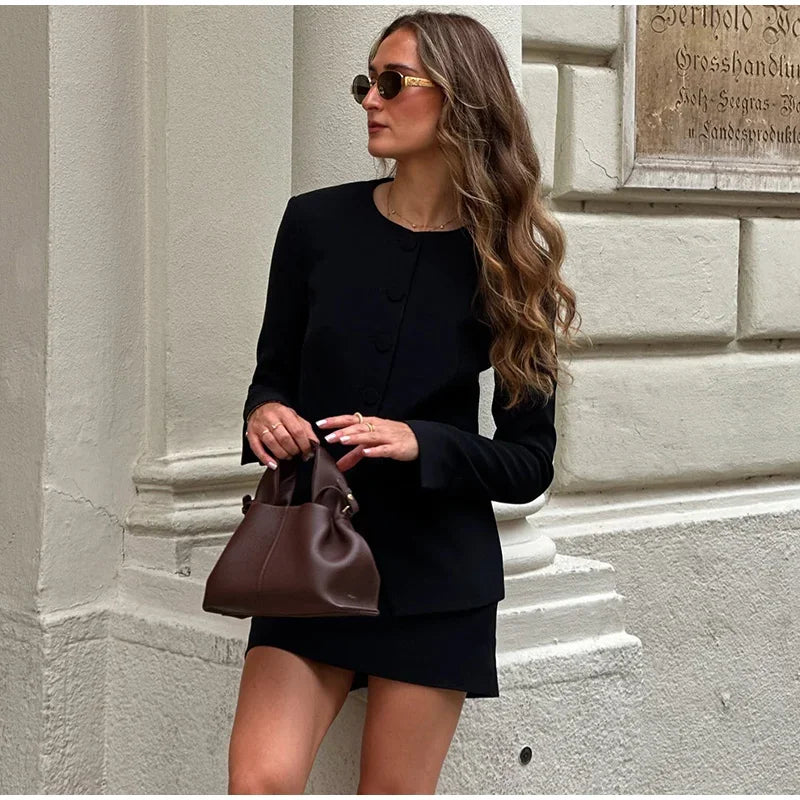 Urban Solid Blazer Skirt Set Women Slim O-neck Single Breasted Jacket Mini A-line Skirt 2025 Spring Elegant Lady Office Outfit - Clikcy