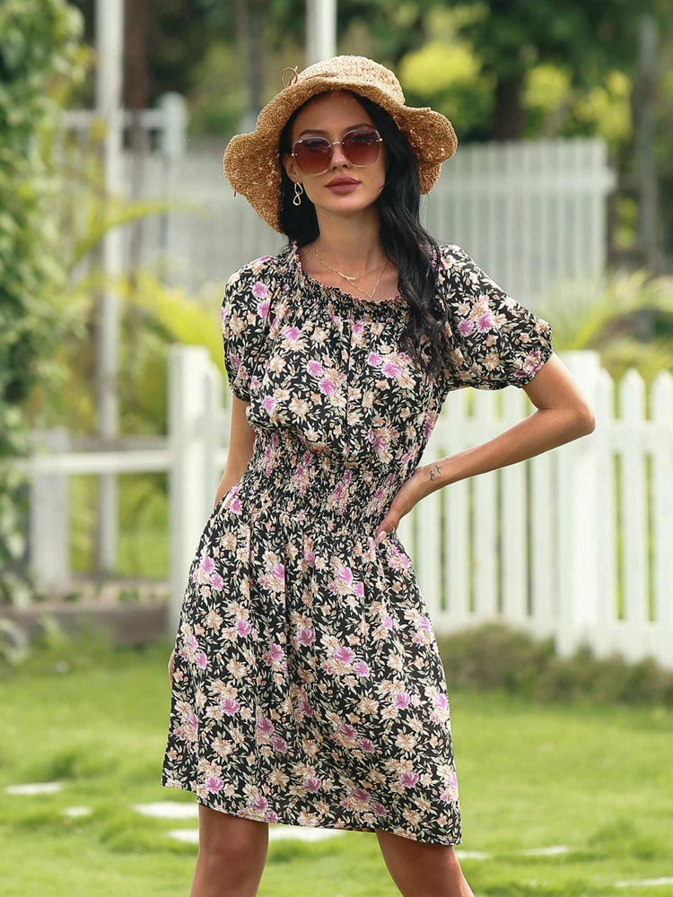 2025 Spring and Summer New Women's Random Printed Pullover Dress One Collar Midi Dress Beach Seaside Holiday - Clikcy