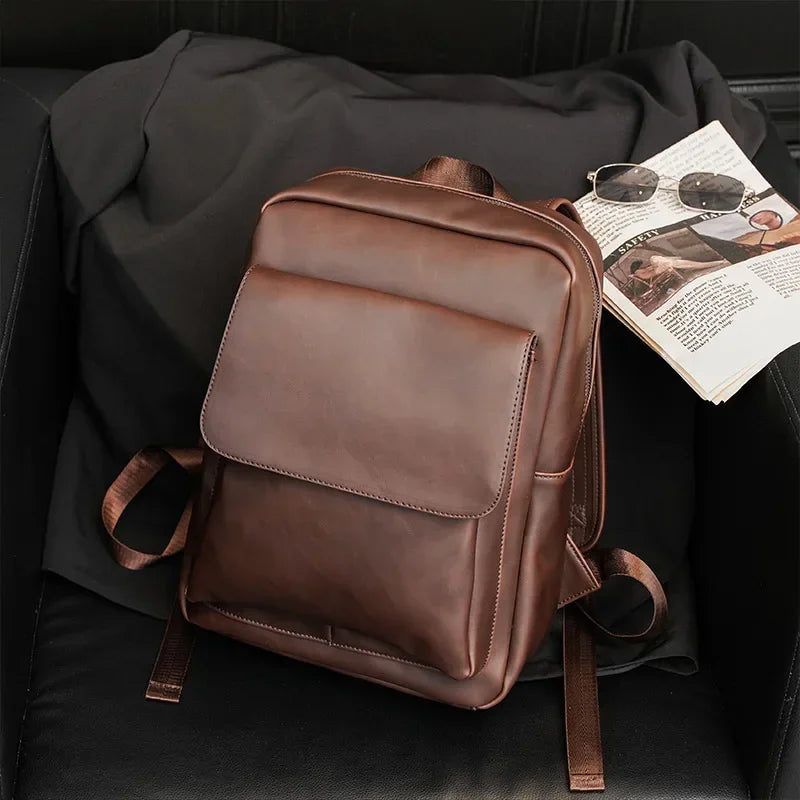 Retro Fashion Laptop Backpack Men Korean Style Flap Men's Backpacks High Quality PU Leather Travel Back Bag Student Schoolbags - Clikcy