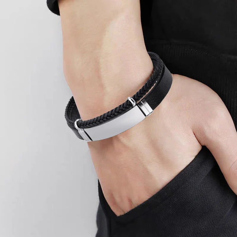 Homme Stainless Steel Bracelet Double Layer Twist Braid Leather Rope Bracelets For Men Hiphop Rock Fashion Jewelry Accessories - Clikcy