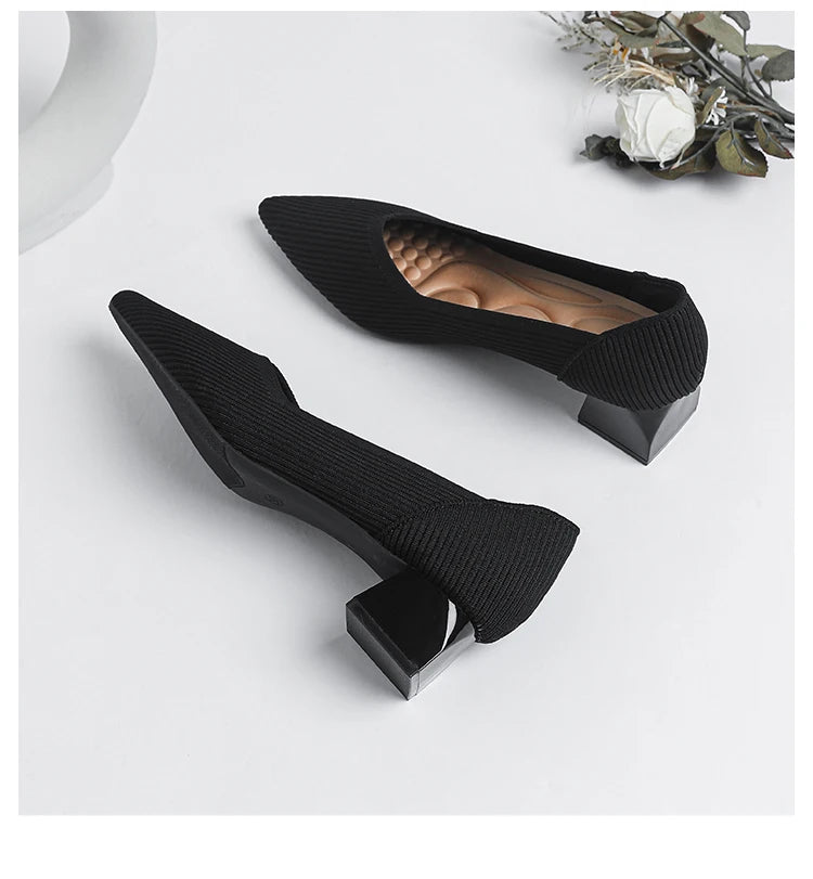 Women's large high-heeled shoes Multicolor pointy knit breathable comfortable anti-skid rubber sole work shoes 2023 new autumn