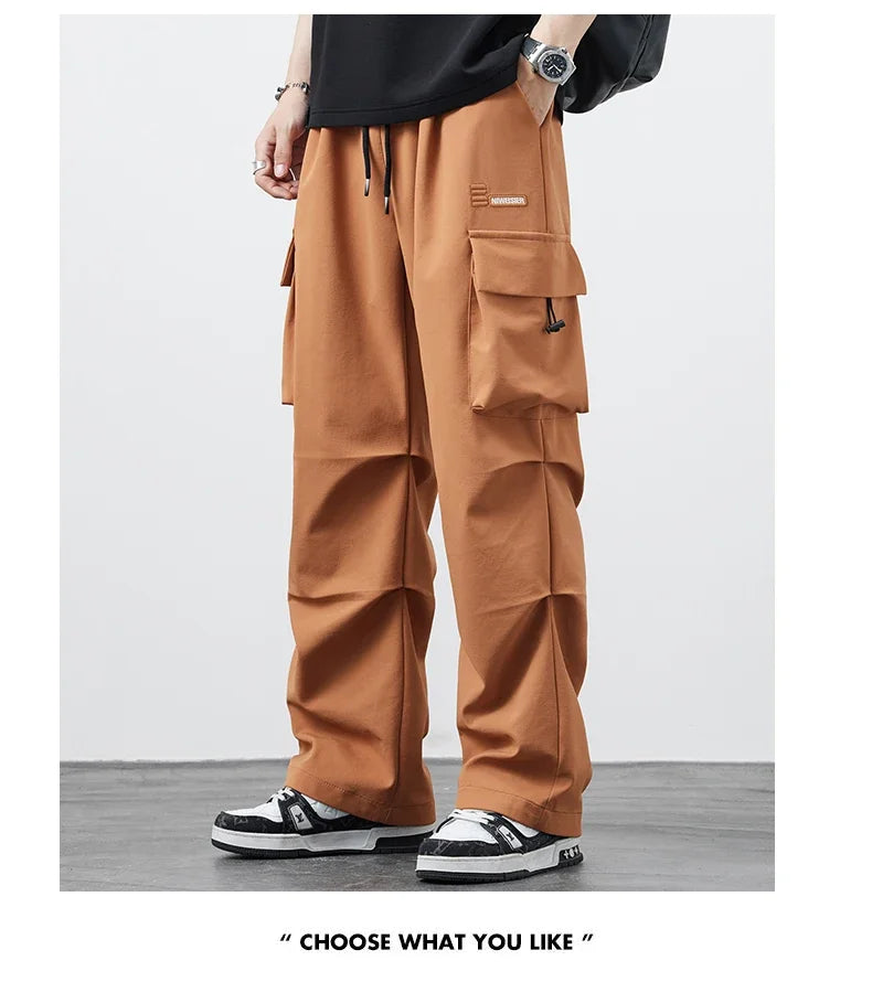 New Plus Size 8XL Men Casual Straight Pants Trousers Ice Silk Fashion Hip Hop Sweatpants Outdoor Stand Pocket Cargo Pants Y2K - Clikcy