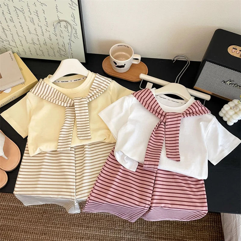 Girls Suit Summer Short-sleeved T-shirt With Stripes Shawls+Pants 2Pcs Outfits Kids Casual Clothes Children's Fashion Sets 1-12Y - Clikcy