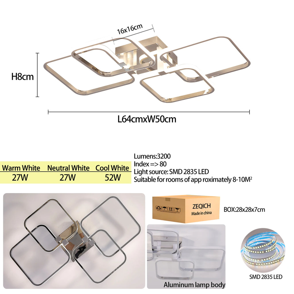 Modern LED Ceiling Light with Remote Control, Dimmable Chandelier for Living Room Bedroom, Flush Mount Lighting Fixture Indoor - Clikcy