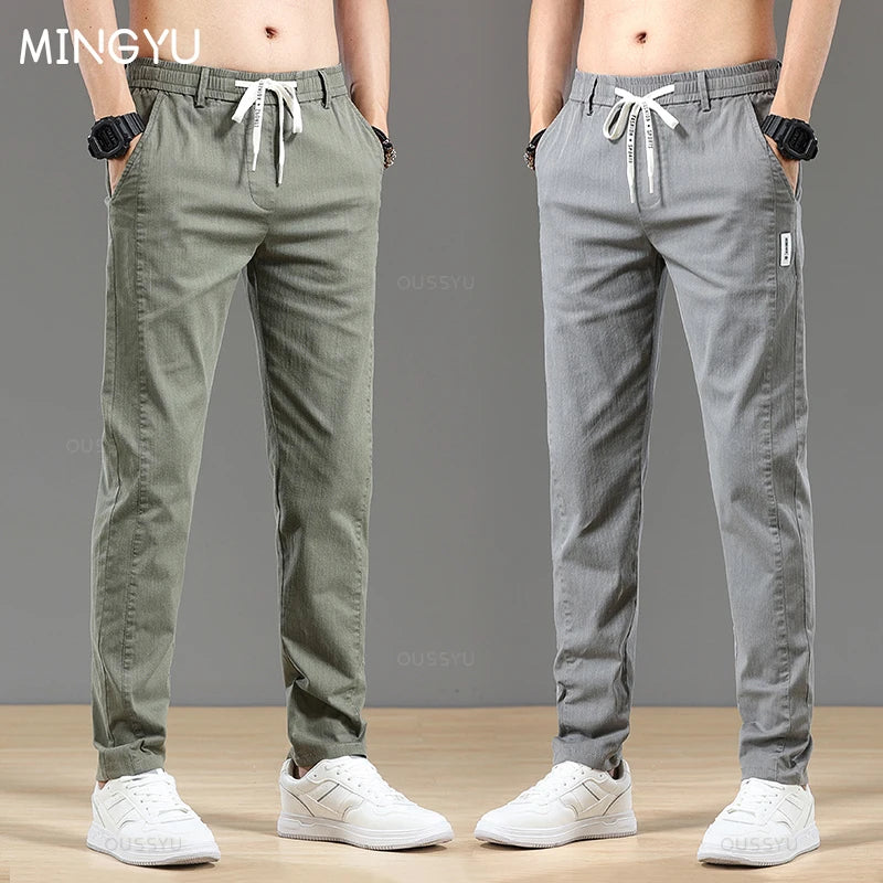 Autumn Cottom Men's Pants Fashion Classic Drawstring Elastic Waist Jogging Stretch Casual Grey Cargo Trousers Male 28-38 - Clikcy