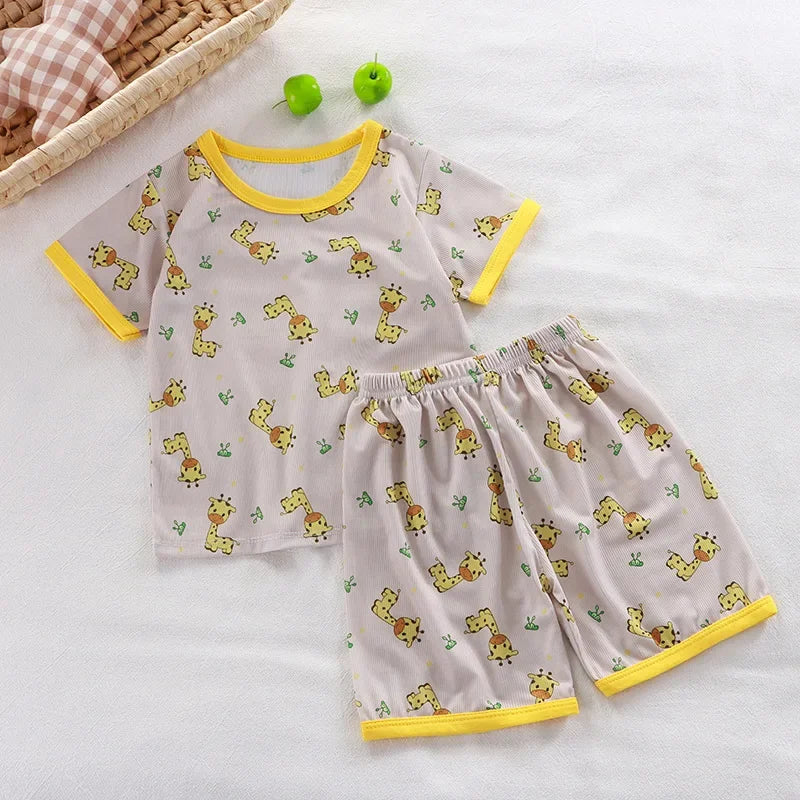 2024 New Boys Girls Summer Thin Clothing Sets Kids Cute Cartoon Print Short Sleeve T-Shirt Tops with Shorts Toddler Baby Pajamas - Clikcy