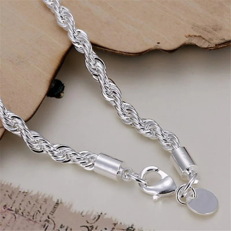 New High quality 925 Sterling Silver 4MM Women Men chain Male Twisted Rope Bracelets Fashion Silver Jewelry - Clikcy