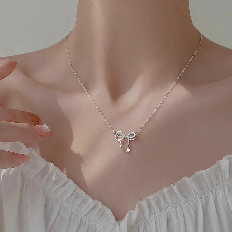 Exquisite Clavicle Chain Elegant Scrub Bow Pendant Necklace For Women Girls Temperament Collar Chain Korean Student - Clikcy