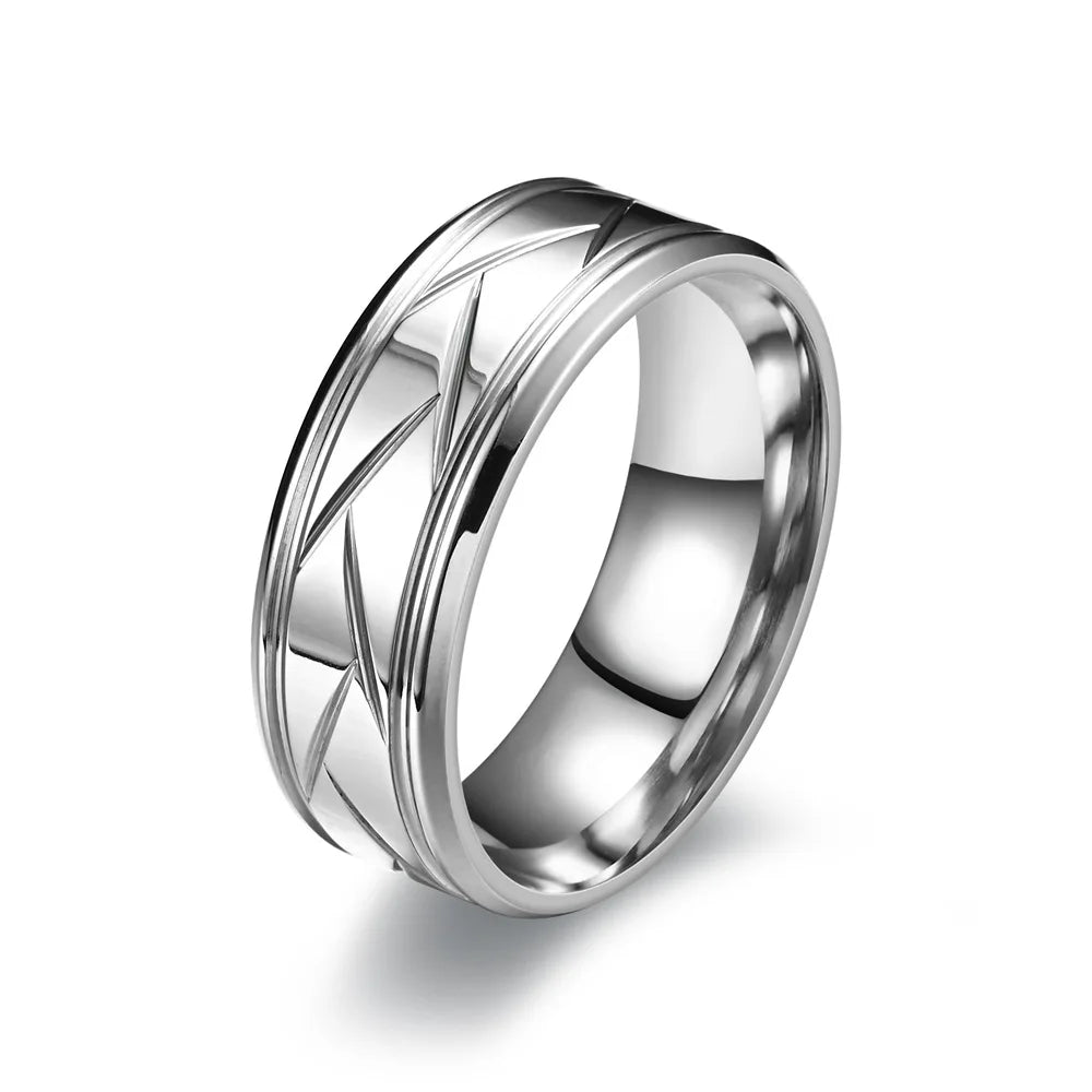 Fashion Men’s Silver Color Black Stainless Steel Ring Groove Multi-Faceted Ring for Men Women Engagement Ring Anniversary Gifts - Clikcy