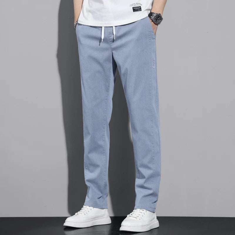 New Spring Summer Cotton Men's Casual Pants Classic Drawstring Elastic Waist Thin Stretch Blue Jogging Work Cargo Trousers Male - Clikcy