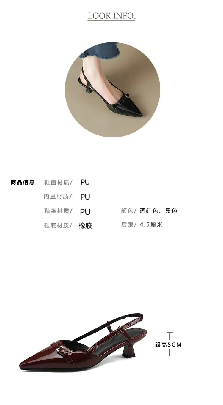 2024 New Summer Women's Dress Shoes Patent Leather Slip on Pointed Toe Sandals Buckle Slingbacks Mid Heels Pumps Sandalias Mujer - Clikcy