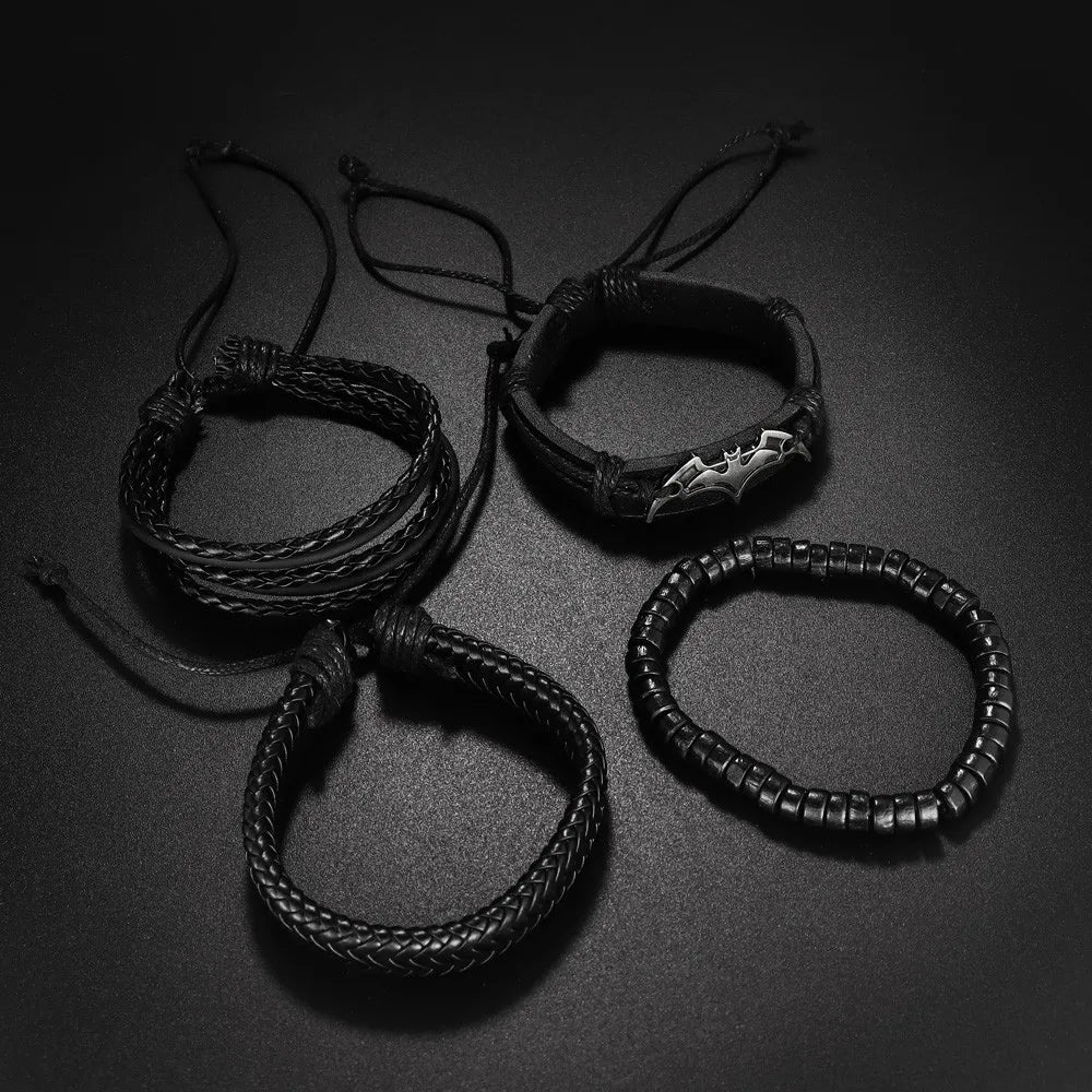 4Pcs/set Leather Beaded Black Bat Bracelet Charming Men's Bracelet New Fashion Hip Hop Punk Accessories Jewelry Gift Wholesale - Clikcy