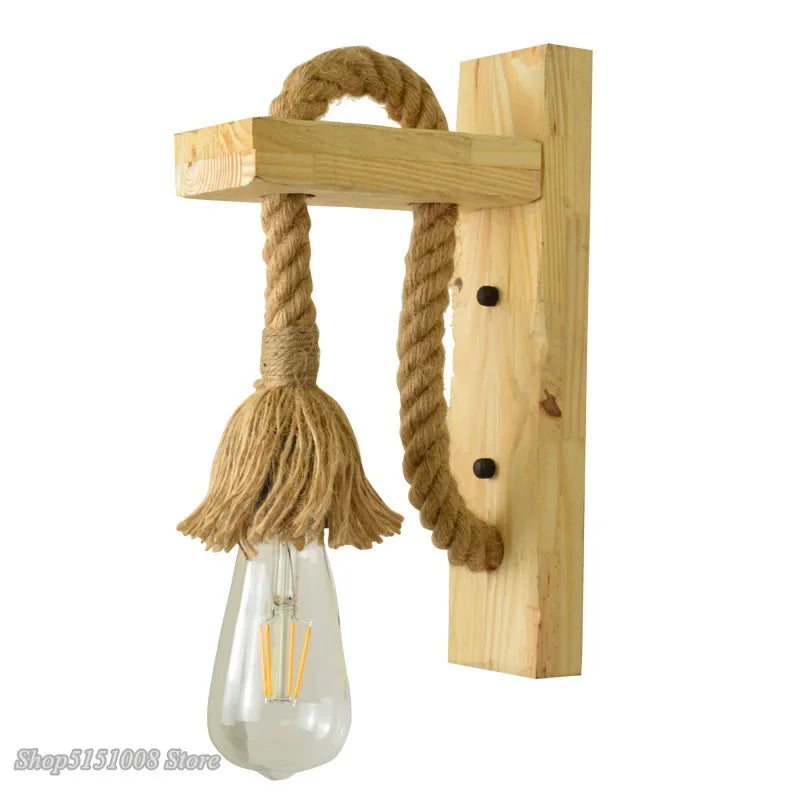 Vintage Hemp Rope Wall Lamp with Plug Wood Wall Lamp E27 Indoor Loft Outdoor Corridor Wall Lights Industrial Sconce Bedside Lamp - Clikcy