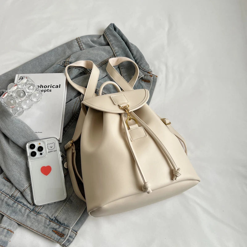 Genuine PU Leather Backpack Female Large Capacity Casual School Bag Solid Drawstring Travel Shoulder Bag Korean Fashion Backpack - Clikcy