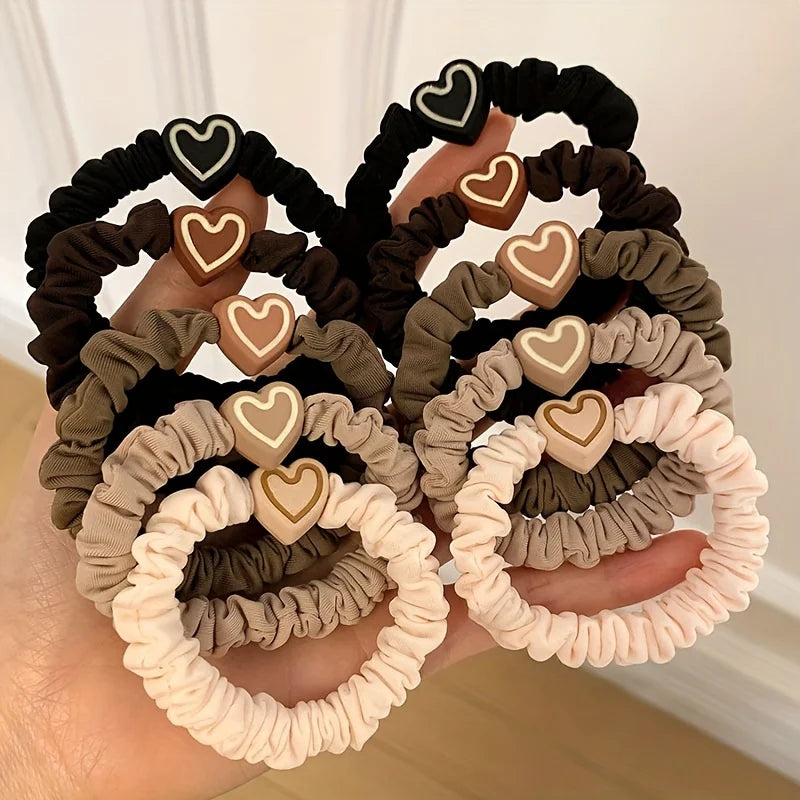 10PCS New Coffee Color Love Pendent Hair Tie, Girl Cute Bowknot Hair Tie Elastic Rubber Hair Bands Hair Accessories For Women - Clikcy