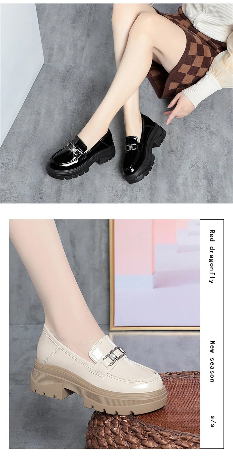 Platform Loafers New Women's Shoes Soft Leather Thick Heels British Small Round Toe Metal Decoration White Leather Shoes - Clikcy
