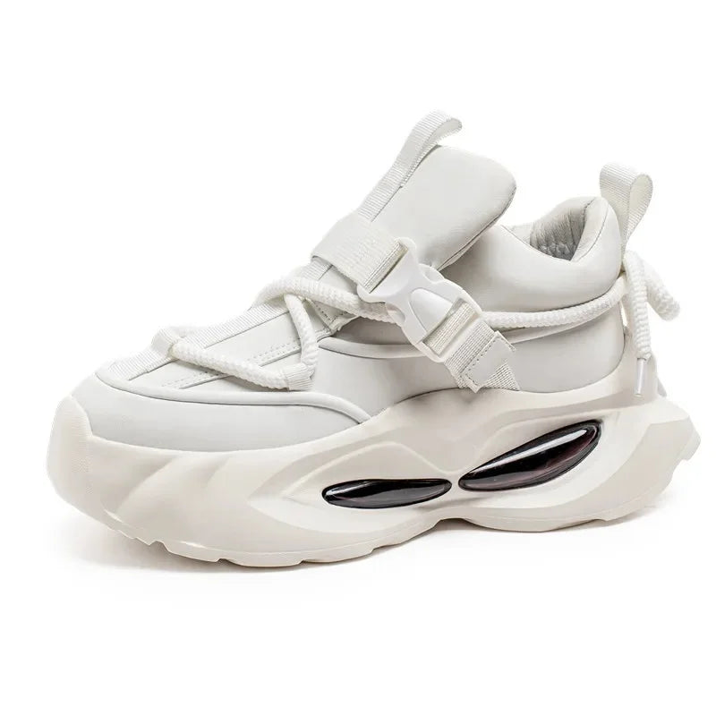 Waterproof Thick Bottom Dad Shoes Outdoor Sports Black Leather Surface Pure Color Spring Autumn Seasonal Style Casual Sneakers