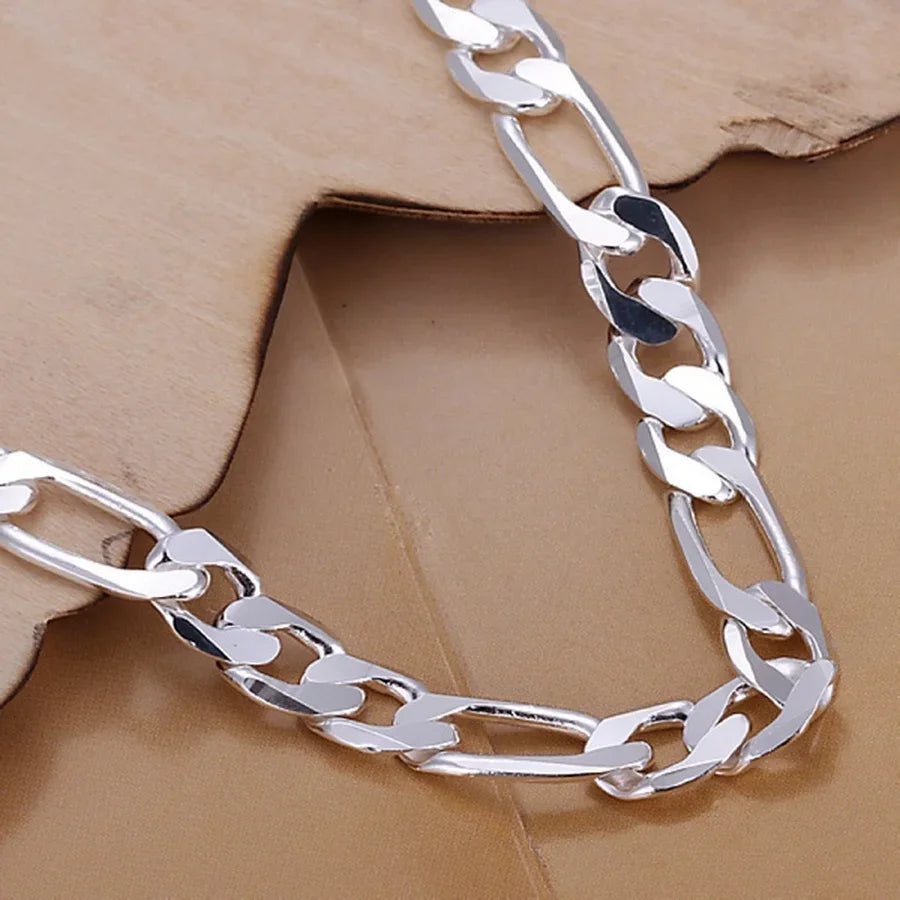 Fine 925 Sterling silver bracelets 6-8mm Women Men chain wedding fashion top quality Silver Jewelry Figaro 20cm - Clikcy