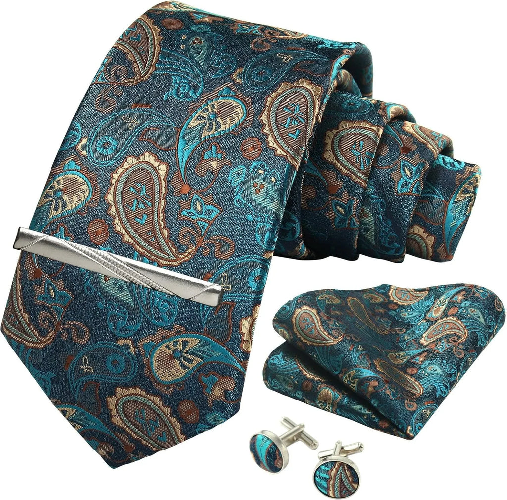 100% Silk Necktie Paisley Floral Mens Tie Top Quality Business Tie Pocket Square Tie Clip Cufflinks Set Classic For Men Gift Box - Clikcy