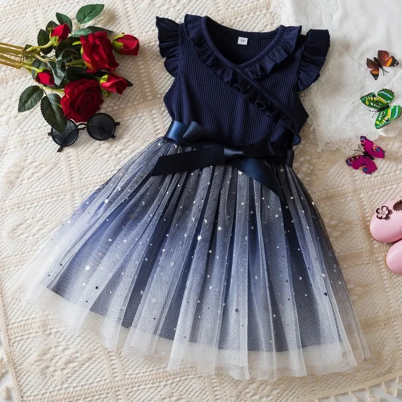 New Children's Dress for 3-8 Yrs Summer Dress Lotus Leaf Edge Design Bow Lace Up Star Sequin Sweet  Tulle Kids Dresses for Girls - Clikcy