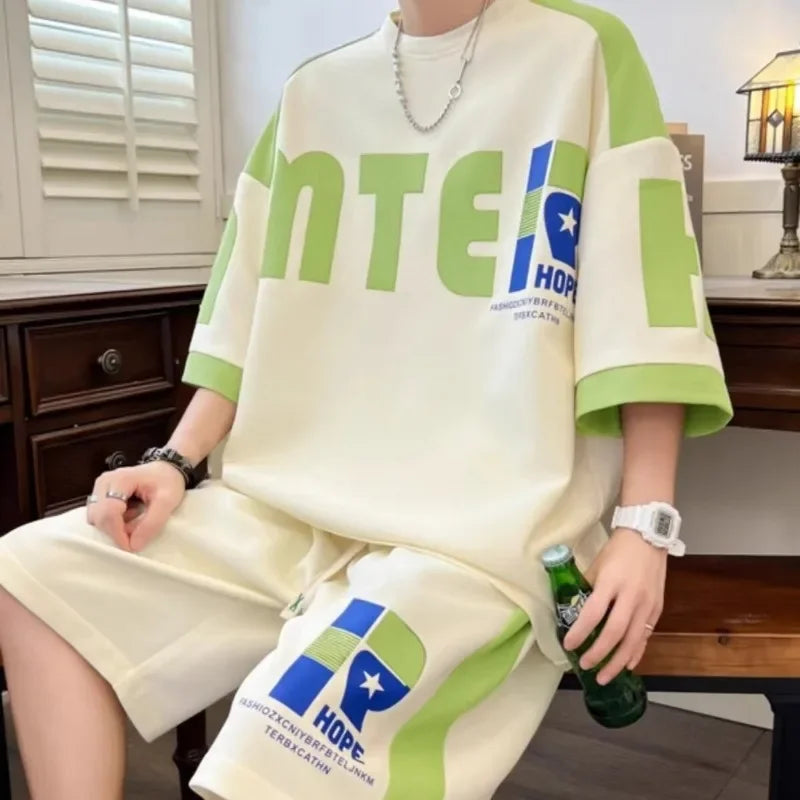 2024 Summer Men's Sets Korean Fashion Streetwear Tracksuit Men T Shirts+Shorts Two Piece Sets Casual Men Clothing Outfit Set - Clikcy