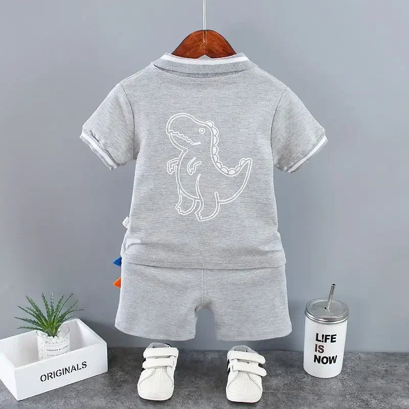 Summer Children Clothes Baby Boys Clothes Set Dinosaur Printed Turn-down Collar T-Shirts Tops+ Shorts 2PCS/Suit Infant Clothing - Clikcy
