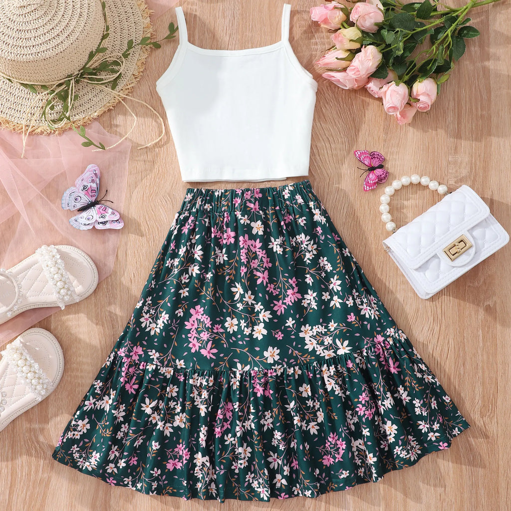 2pcs Girls Crop Cami Tops & Flowers Graphic Ruffled Hem Skirt Set Kids Summer Clothes - Clikcy