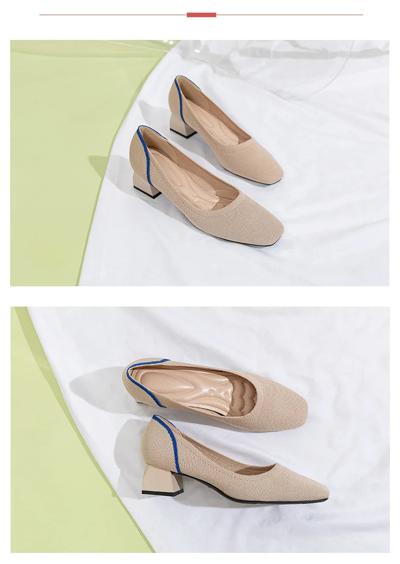 Large high-heeled shoes 42/43/41 women's shoes knitted fashionable breathable non-slip beautiful color matching spring and autum - Clikcy