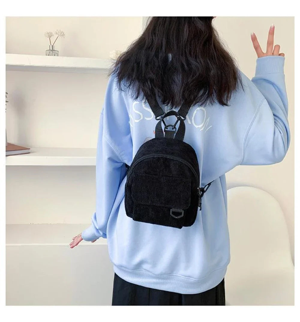 Women's Mini Backpack Fashion Solid Color Corduroy Small Simple Casual Traveling Large Capacity Durable Female's Schoolbag - Clikcy
