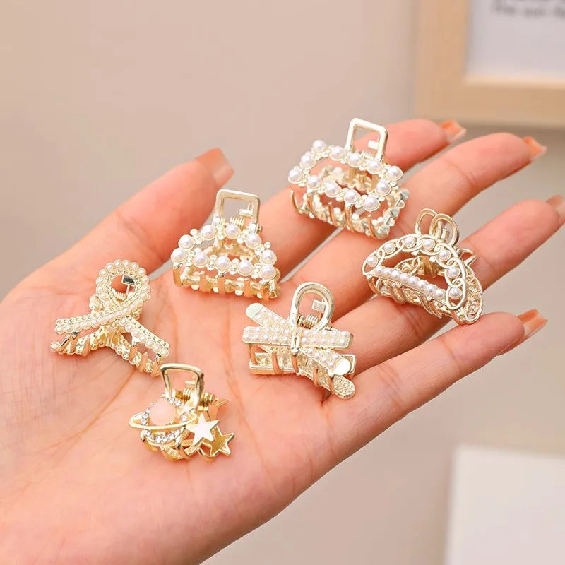 6/8/10PCS/Set Small Rhinestone Pearls Geometric Metal Hair Claws For Women Girls Sweet Mini Hair Clips Hairpins Hair Accessories - Clikcy