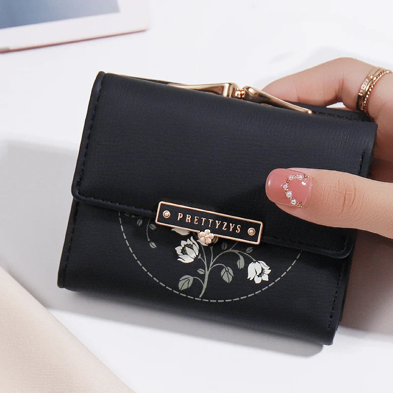 Purse women's summer new Korean PU printed buckle 3 fold bag simple all-in-one short women's money clip multi-card folding flap - Clikcy