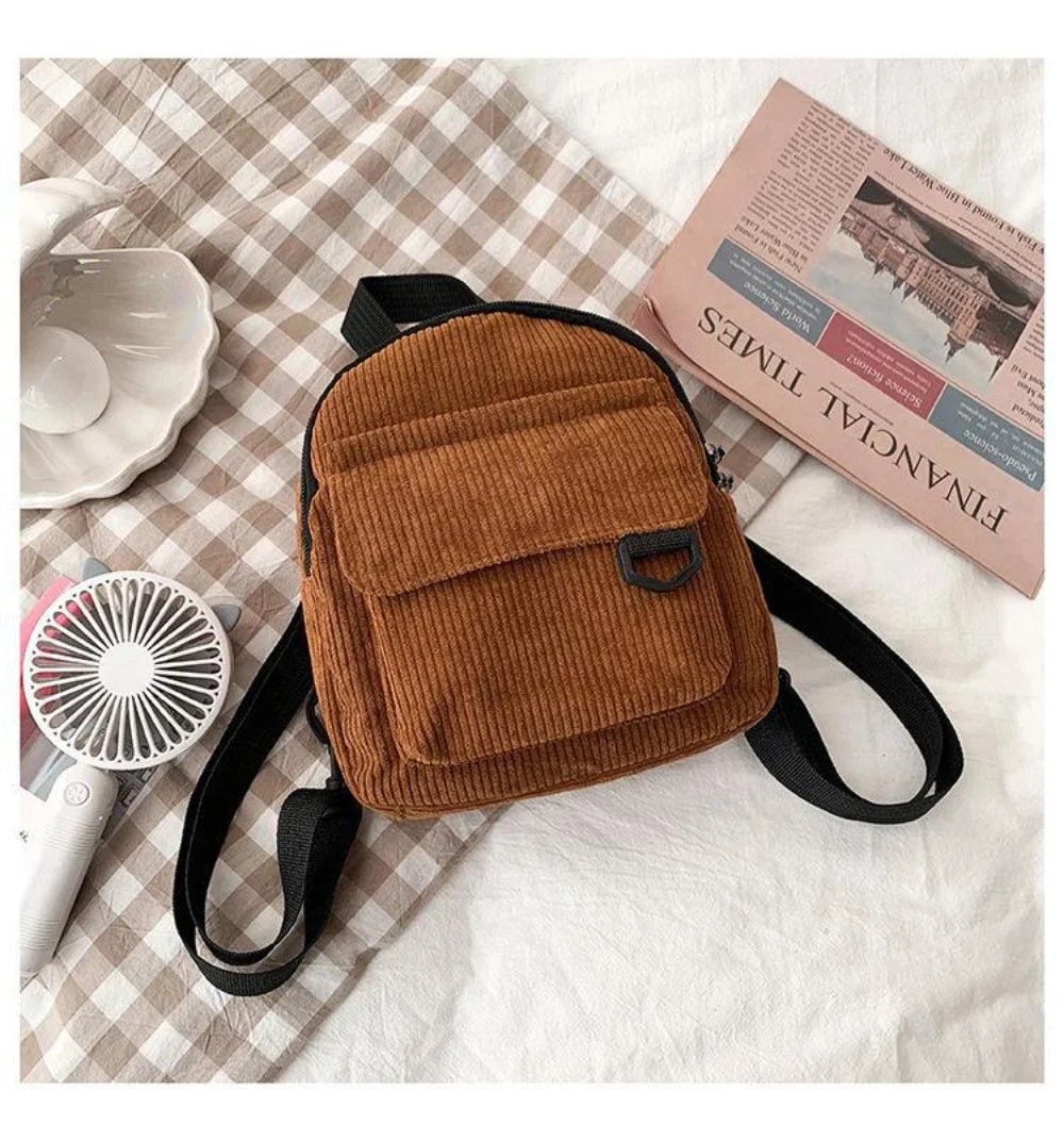 Women's Mini Backpack Fashion Solid Color Corduroy Small Simple Casual Traveling Large Capacity Durable Female's Schoolbag