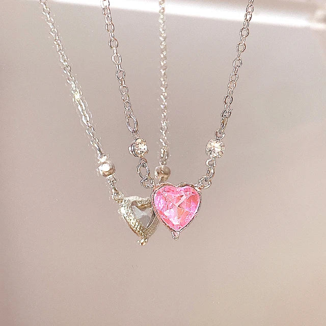 Y2K Pink Planet Heart Zircon Pendant Necklaces Women Fashion Aesthetic Clavicle Chain Necklace Valentines Day Gift Party Jewelry - Clikcy