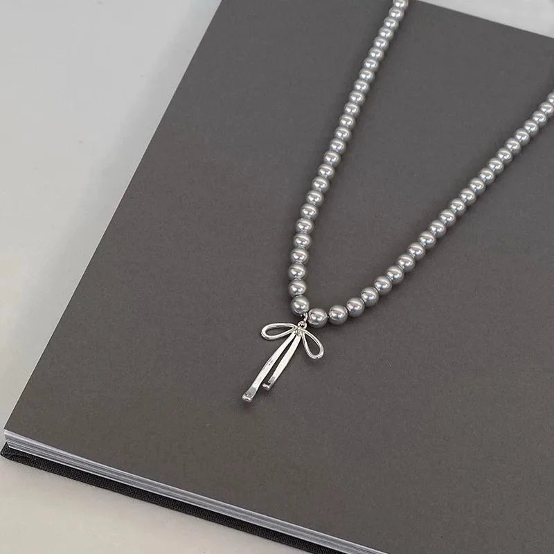 LATS Gray Pearls Bowknot Pendant Necklace for Women Girls Graceful Butterfly Choker Chain Jewelry Gift Accessories - Clikcy