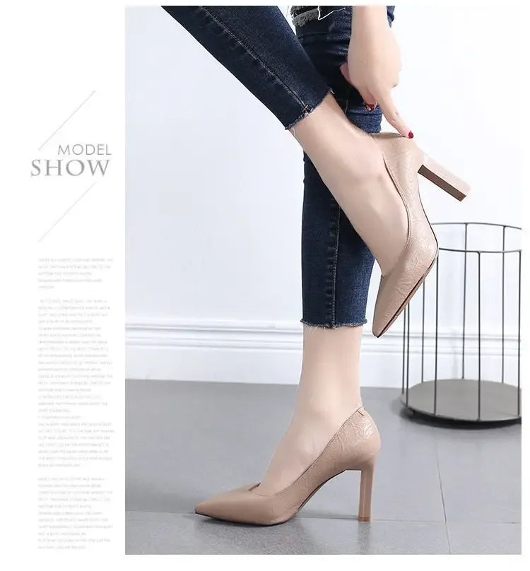 Women's Fashion High Heels 2025 New Style Versatile Thick Heel Pointed Toe Low Cut Shoes Comfortable PU Leather Casual Shoes - Clikcy