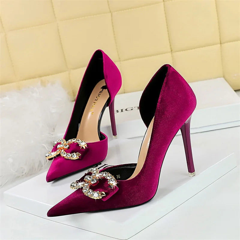 Fashion Women High Heel Rhinestone Buckle Bow Green Pink Pointed Toe Party Pumps Velvet Luxury Elegant Wedding Evening Shoes - Clikcy