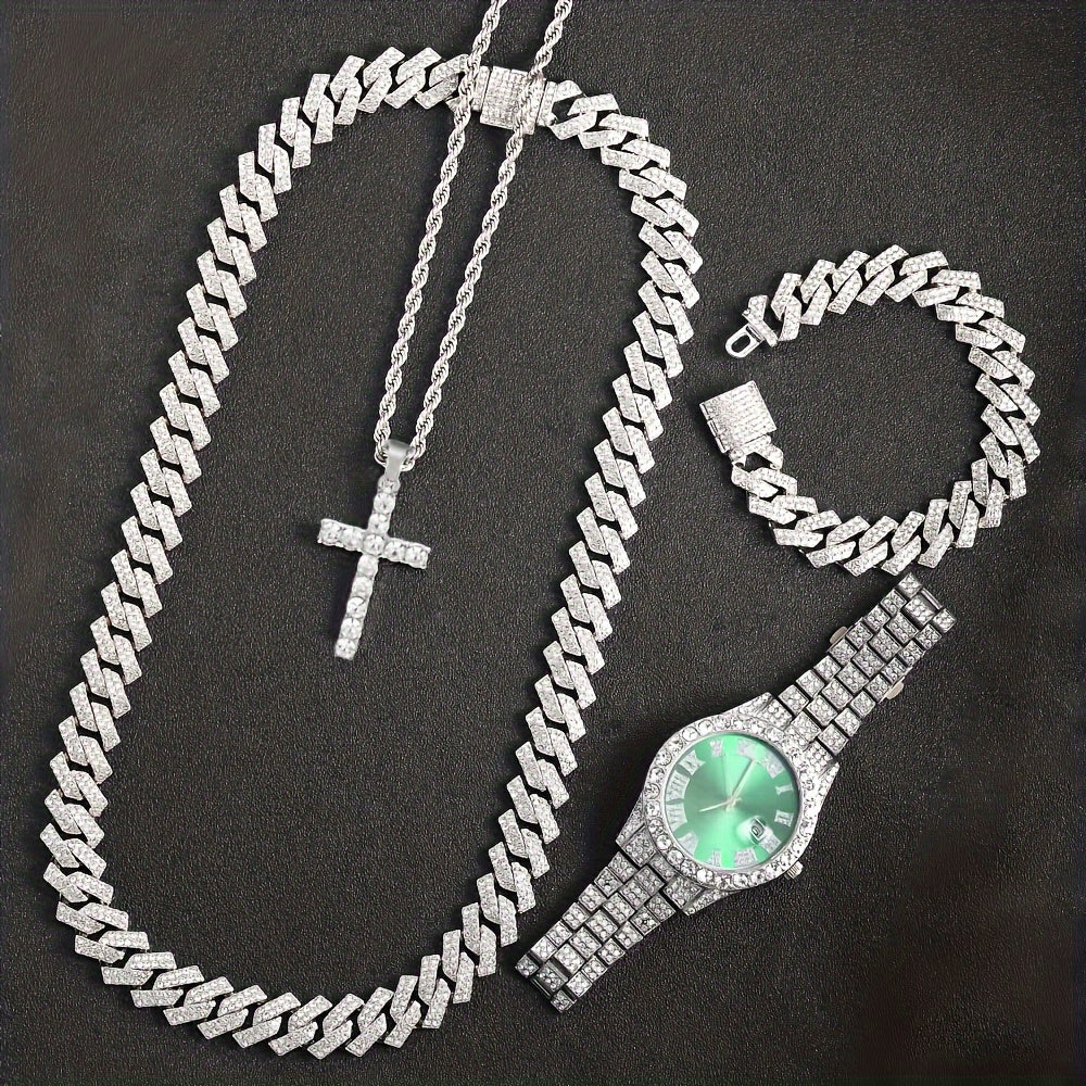 4pcs/set, Men's Rhinestone Wrist Watch & Cross Pendent Jewelry Set, For Men/Women - Clikcy