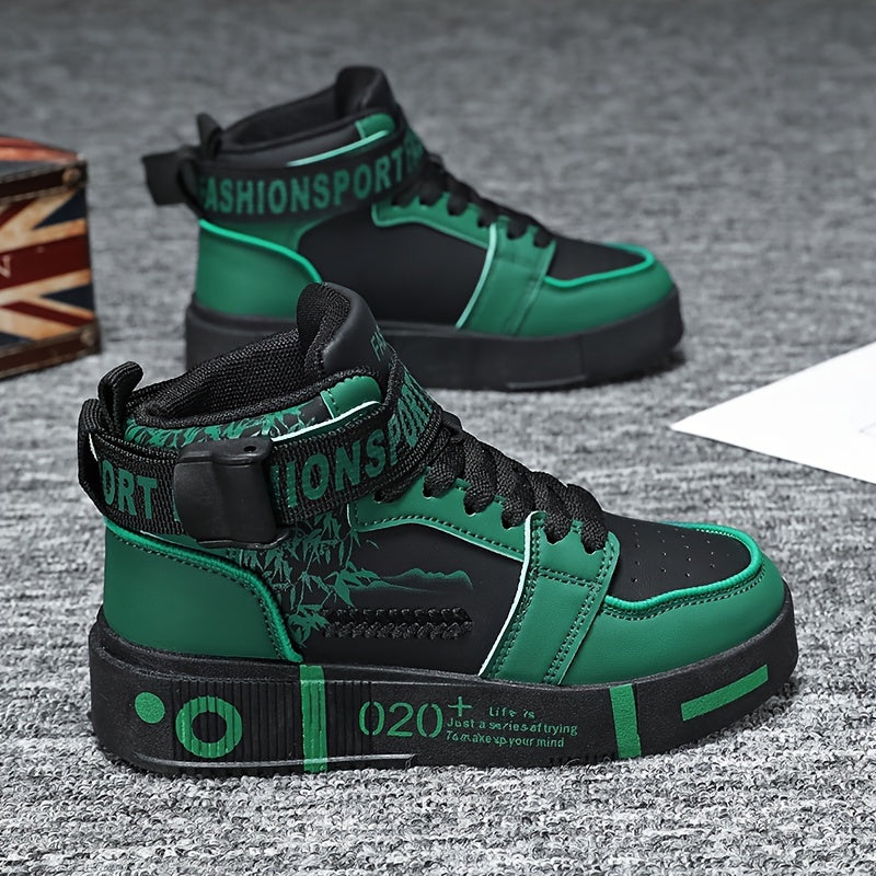 Men's High-Top Fashion Sneakers - Casual Lace-Up Athletic Shoes with Solid Color PU Upper, Breathable PU Lining, Durable Rubber Sole, and Comfort Fabric Insole - Clikcy