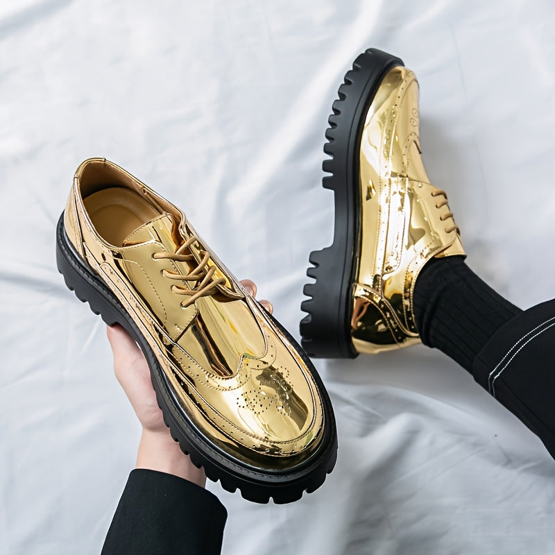 Men'S Stylish Golden Dress Shoes - Elegant Lace-Up Loafers for Business, Formal Events & Casual Attire, All-Season Comfort, Rubber Sole, Upper, Casual Dress Shoes | Golden Shoe Design | Rubber Sole Shoes - Clikcy