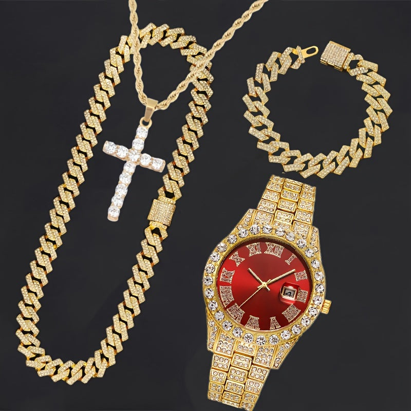 4pcs/set, Men's Rhinestone Wrist Watch & Cross Pendent Jewelry Set, For Men/Women - Clikcy