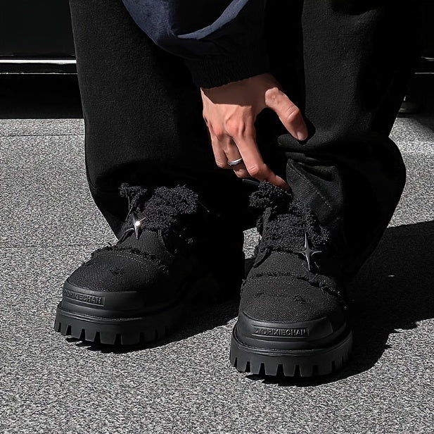 Men's Stylish Star Design Platform Derby Shoes - Casual & Business-Ready, Black with White Rubber Sole, Round Toe, Lace-Up, Perfect for Parties, Outdoor Activities & Everyday Streetwear - Clikcy