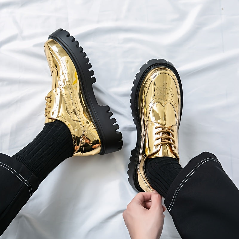 Men'S Stylish Golden Dress Shoes - Elegant Lace-Up Loafers for Business, Formal Events & Casual Attire, All-Season Comfort, Rubber Sole, Upper, Casual Dress Shoes | Golden Shoe Design | Rubber Sole Shoes - Clikcy